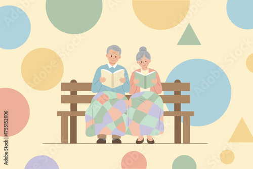 Senior couple happily reading books on a bench under a cozy blanket depicting peaceful leisure
