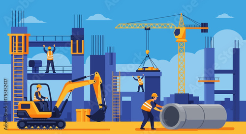 Busy construction site with workers excavator crane and partially built structures under a blue sky