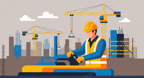Construction worker operates machinery at urban site with cranes symbolizing industry and development