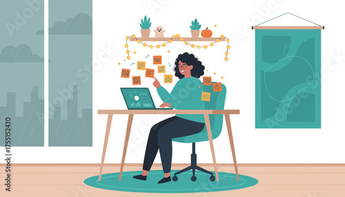 Woman efficiently managing tasks on laptop in a cozy home office fostering productivity and remote work