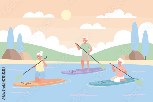 Active seniors enjoy paddleboarding on a calm lake promoting healthy aging and outdoor recreation
