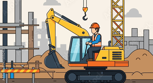 Diligent worker operates an excavator on a bustling construction site building urban infrastructure
