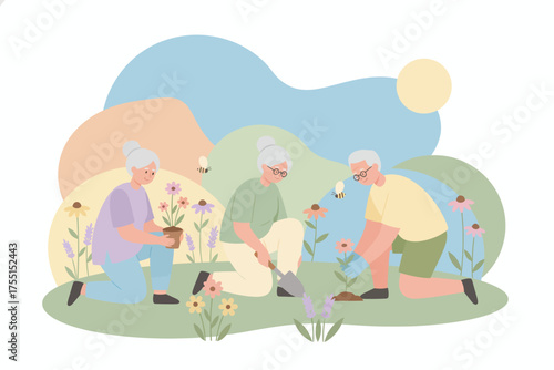 Happy seniors planting flowers in a garden enjoying a peaceful outdoor hobby and active lifestyle