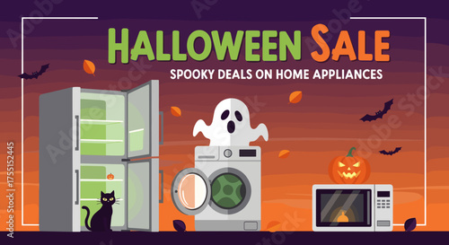 Halloween Sale graphic with spooky home appliance deals featuring a ghost black cat and jackolanterns for seasonal marketing