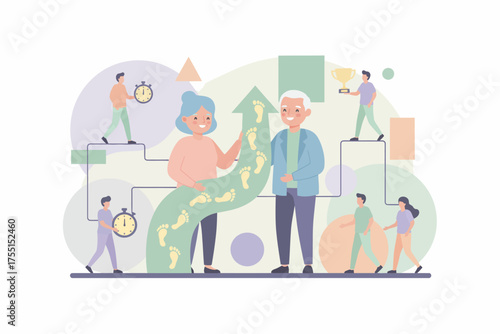 Elderly couple with footprint path symbolizing lifes journey health goals and progress
