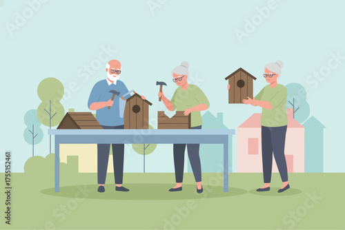 Seniors enjoying a creative outdoor hobby building birdhouses together with teamwork