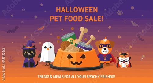 Cute cartoon pets in Halloween costumes celebrate a pet food sale with treats and meals perfect for promotions and festive themes