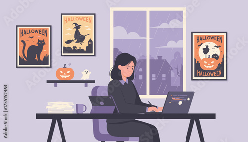 Smiling woman working remotely at home enjoying a festive Halloweendecorated space