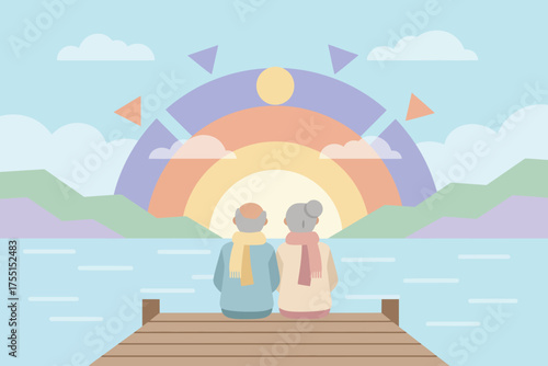 Elderly couple enjoying serene lakeside sunset from a dock symbolizing peace and togetherness