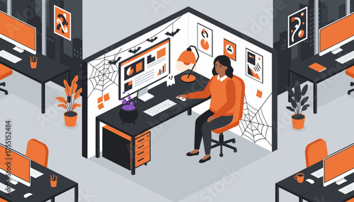 Employee working in a Halloweendecorated office cubicle a festive business environment