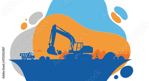 Excavator and dump trucks at a construction site symbolizing industry and development