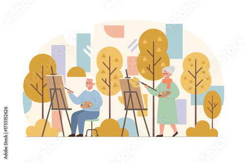 Happy senior couple painting outdoors enjoying artistic hobby and leisure time together