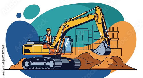 Excavator and worker digging dirt at construction site illustrating building development
