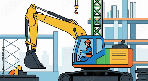 Worker operates excavator at a modern construction site with crane Building development and industry