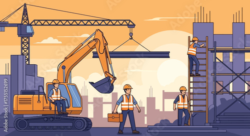 Construction workers excavator and crane building urban structures Teamwork industry and progress