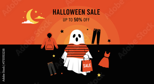 Halloween Sale featuring a cheerful ghost with a shopping bag surrounded by trendy apparel ideal for retail promotions and discounts