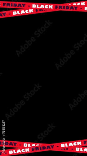 Black Friday sale promo video. 4K animation of red stripes with Black Friday text for advertising in social networks. Movement of ribbons with words Black Friday. Vertical video for mobile phone