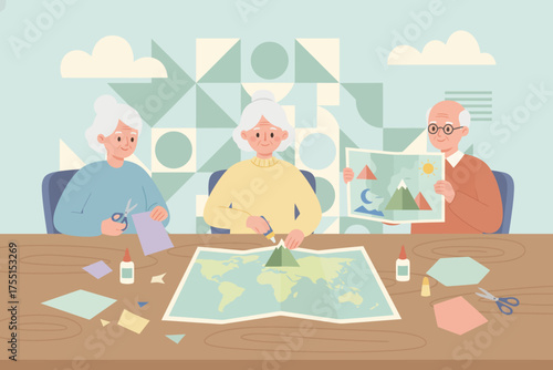 Seniors enjoying a creative craft activity with a world map symbolizing travel and learning