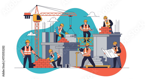 Construction crew at work on a building site showing teamwork and urban development