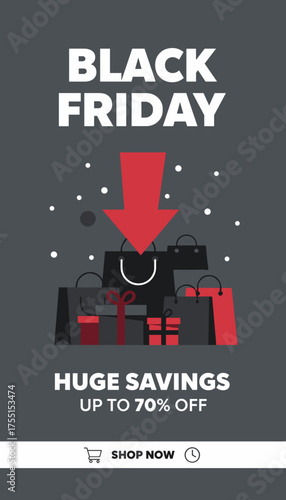 Huge Black Friday savings banner with shopping bags and red arrow icon
