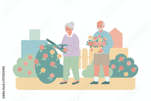 Happy senior couple gardening pruning roses and enjoying leisure time together
