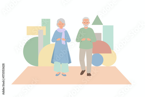 Senior couple meditating with closed eyes Calm peaceful illustration for wellness and healthy lifestyle