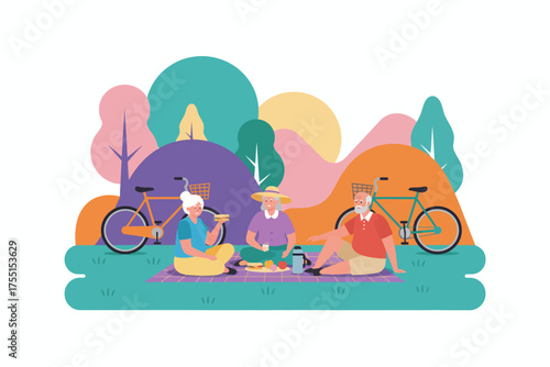 Seniors enjoying a picnic in a park with bicycles symbolizing active retirement and friendship