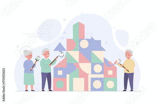Active seniors building a colorful geometric house symbolizing teamwork home and future planning