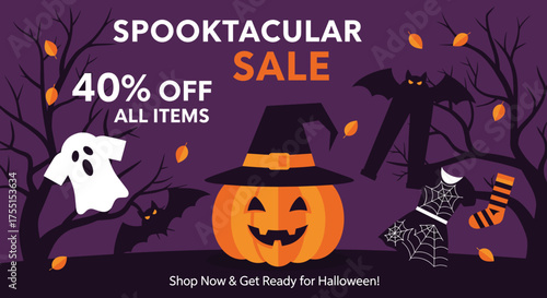 Spooktacular Halloween sale graphic with jackolantern ghost bats and seasonal items Perfect for festive promotions
