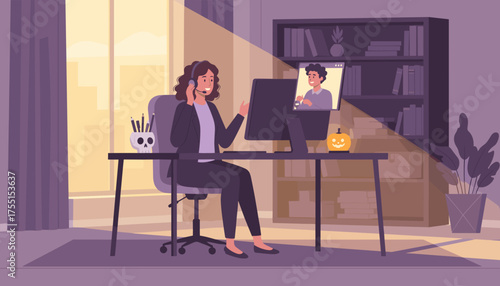 Woman on video call with headphones in a home office connecting with a colleague Remote work lifestyle