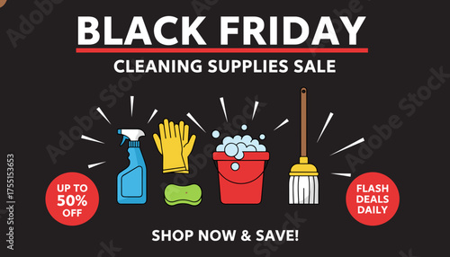 Black Friday cleaning supplies sale banner with vector illustrations of household tools