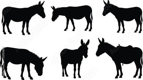 Donkey silhouettes, farm animal, livestock artwork, black and white illustration, rural countryside, pack animal, saddle donkey, agriculture design, grazing pose, side profile