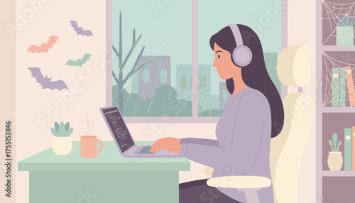 Woman coding on laptop at home during a rainy autumn day decorated for Halloween