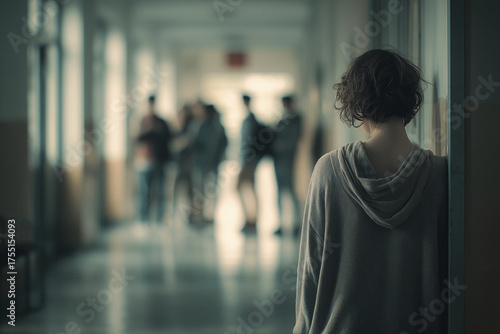 Nachdenklicher Teenager allein im Schulflur – Thema Einsamkeit und Ausgrenzung