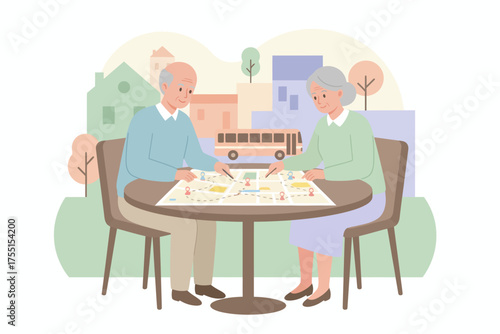 Happy elderly couple planning their journey on a map showing travel retirement and exploration