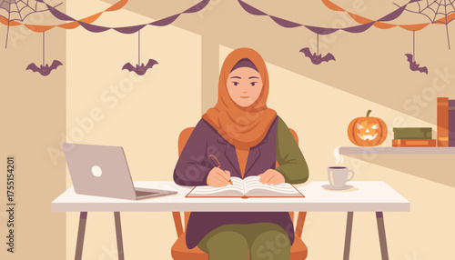 Muslim woman working in a Halloweendecorated home office writing notes with laptop and coffee