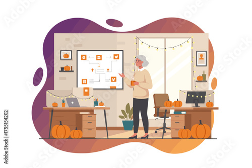 Woman presenting business workflow in an autumndecorated office great for seasonal productivity