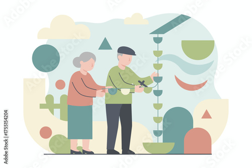 Elderly couple collaborating on a sustainable water system project in a serene abstract garden