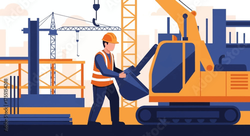 Modern construction scene with worker excavator and cranes symbolizing development
