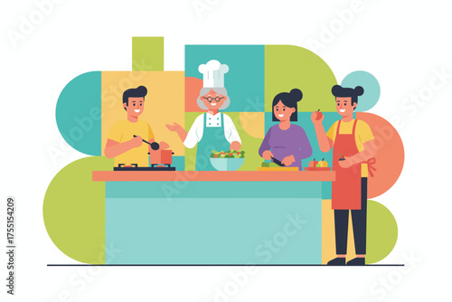 Diverse group joyfully cooking healthy meals in a modern kitchen Family lifestyle and food preparation
