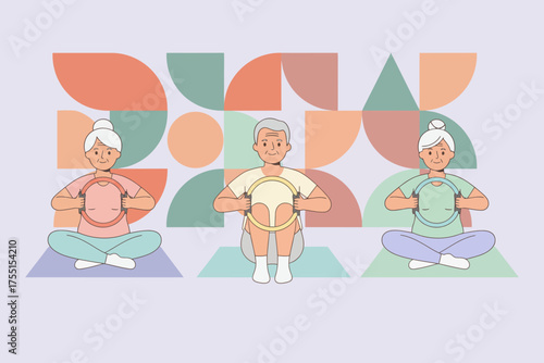 Active seniors exercising with Pilates rings on yoga mats promoting health and wellness