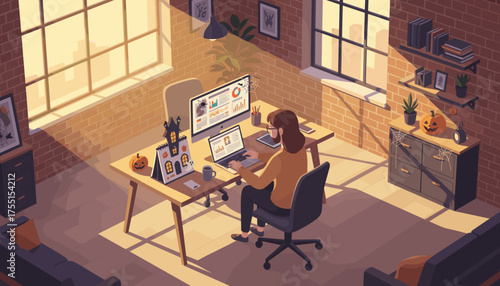 Person working in a cozy sunlit home office with Halloween decor Remote work and seasonal productivity