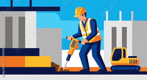 Construction worker with jackhammer at urban site Concept of labor development and infrastructure