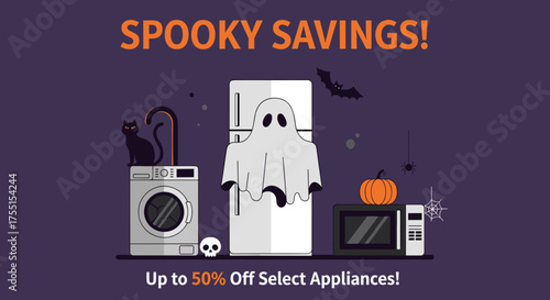 Spooky savings on household appliances for Halloween Festive illustration for seasonal sales discounts and promotions