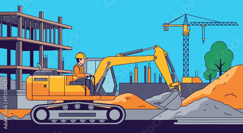 Worker operates excavator at construction site with building structure and crane Development concept