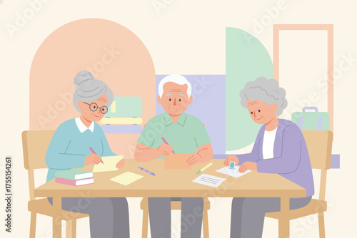 Seniors engaged in a learning or hobby activity at a table fostering social connection