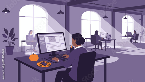 Professionals working in a modern office environment subtly decorated for Halloween Business lifestyle
