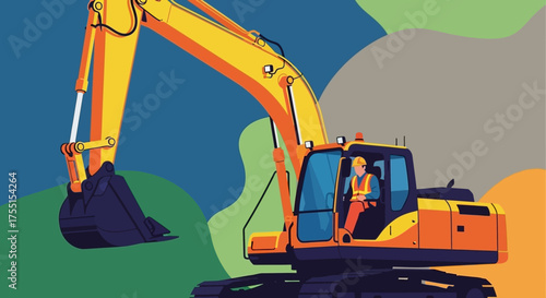 Construction worker operating heavy excavator Represents industrial development progress and earthmoving work