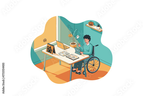 Person in wheelchair working at a home office desk surrounded by festive Halloween decorations