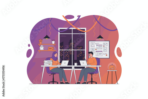 Colleagues working late on laptops in a festive Halloweendecorated office with city night view